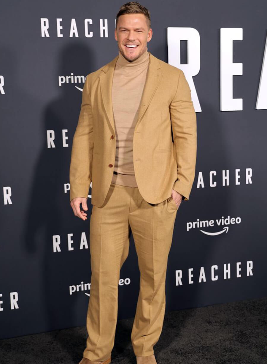 Harpoon Alan Ritchson Inspired Brown Suiting Fabric Leather Jacket - Reacher Style