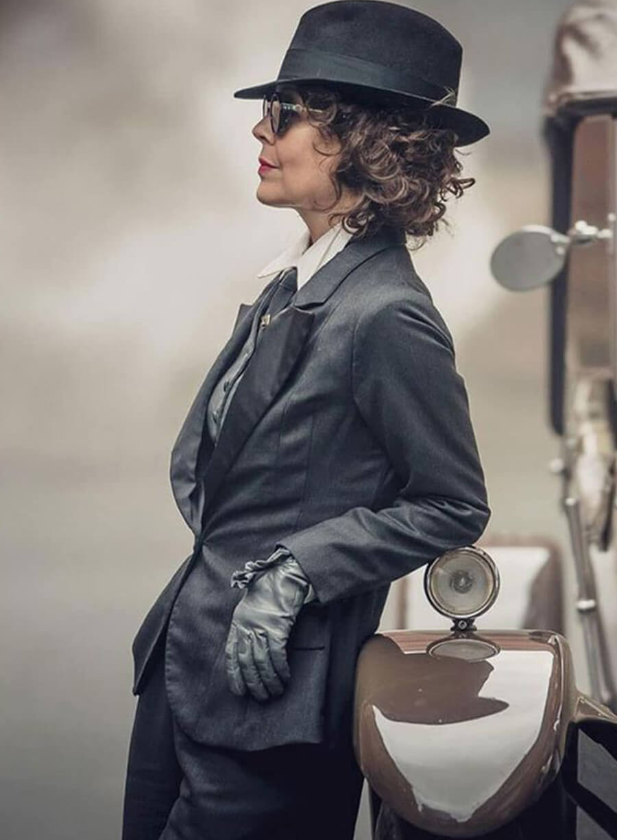 Harpoon Aunt Polly Inspired Grey Suiting Fabric Leather Jacket - Peaky Blinders Style