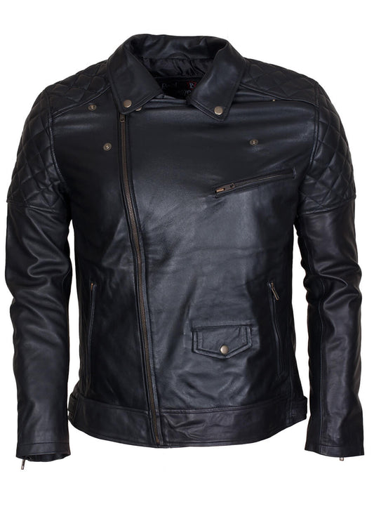 Black Biker Brando Quilted Men Real Leather Jacket