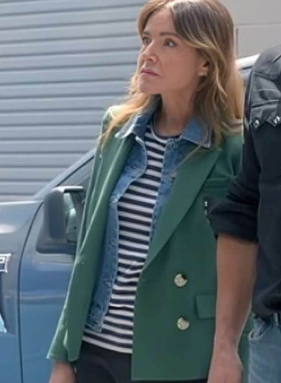 Harpoon Liz Inspired Green Suiting Fabric Leather Jacket - Shrinking Style