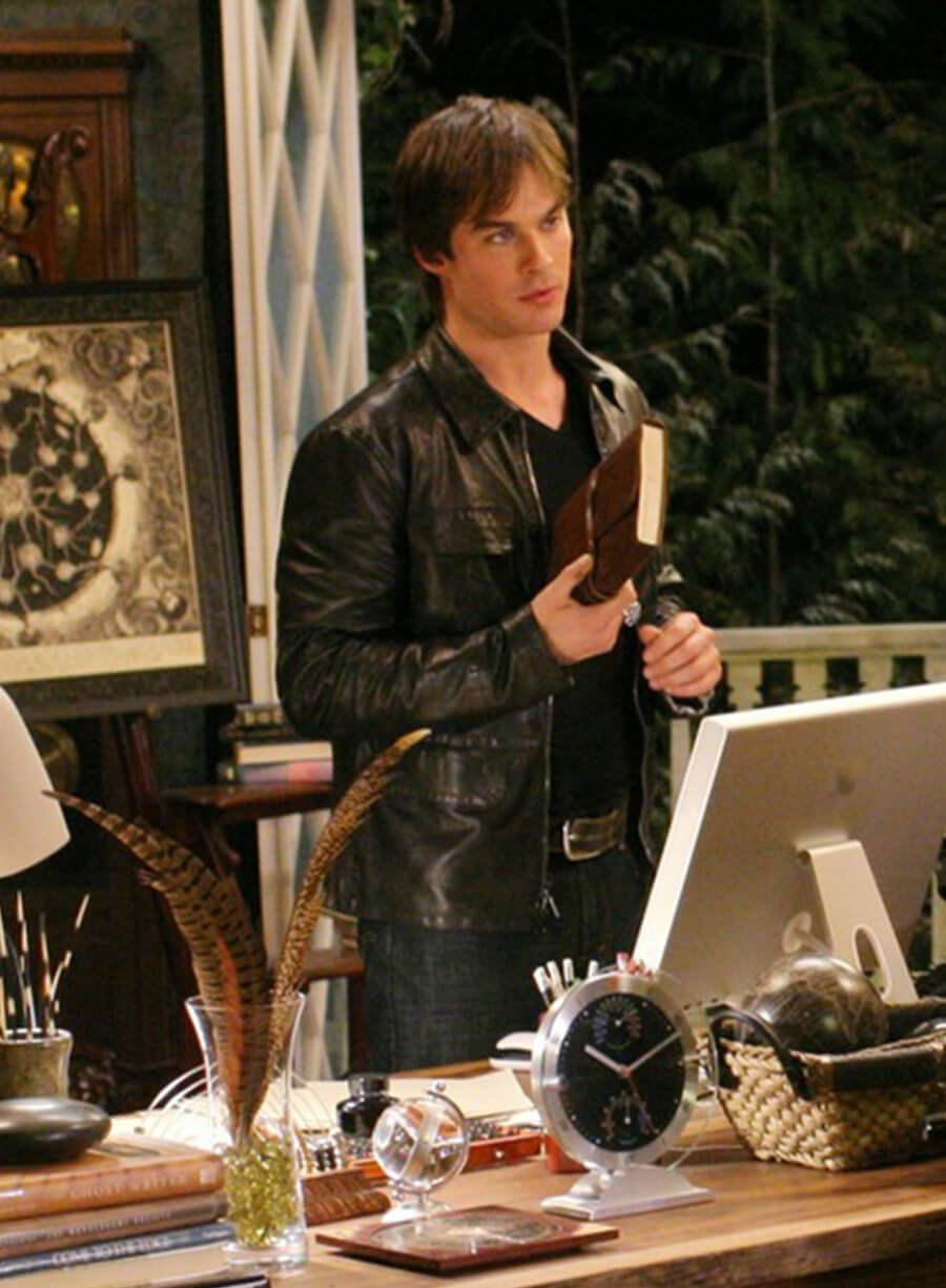 Harpoon Damon Salvatore Inspired Black Leather Jacket - Vampire Diaries S01 Style