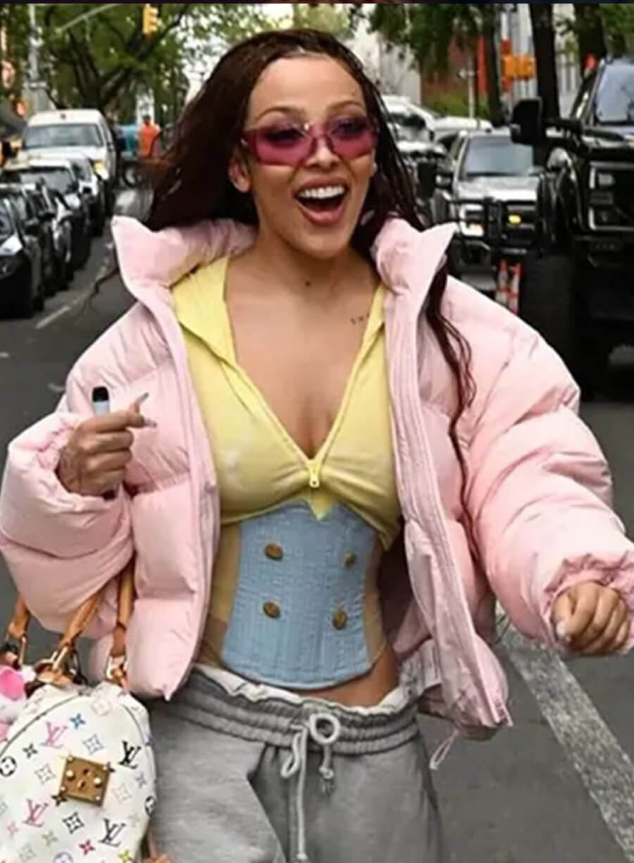 Harpoon Doja Cat Inspired Pink Parachute Fabric Leather Jacket - Met Gala 2026 Style