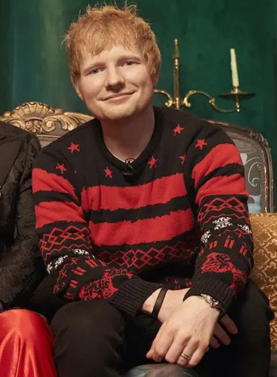 Harpoon Ed Sheeran Christmas Sweater Inspired Black & Red Fleece Fabric Leather Jacket
