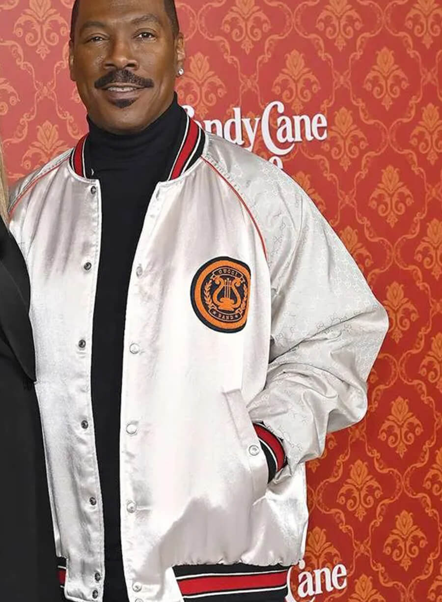 Harpoon Randy Watson Inspired White Satin Fabric Bomber Jacket - Candy Cane Lane Style