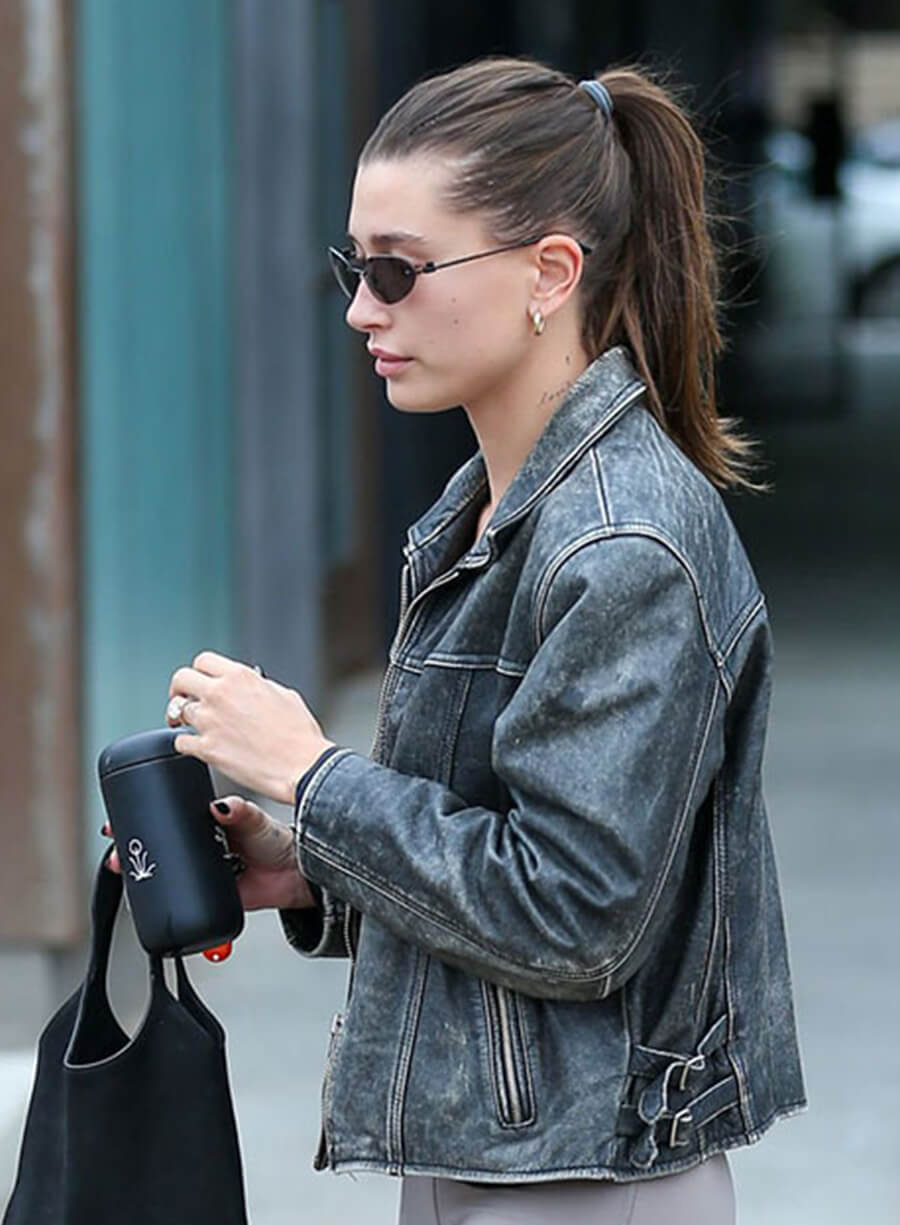 Harpoon Hailey Bieber Inspired Black Real Leather Leather Jacket