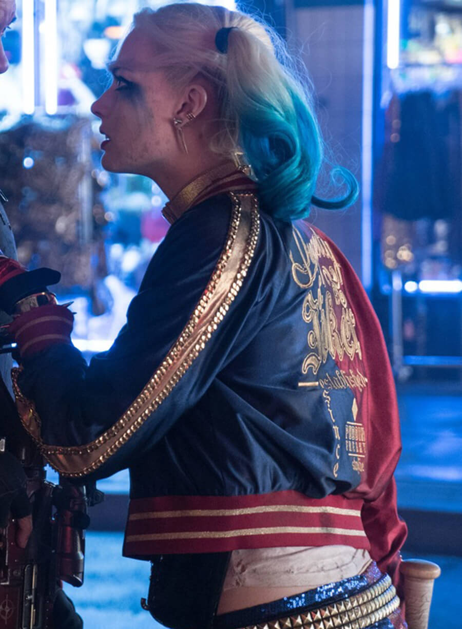 Harpoon Harley Quinn Inspired Blue & Red Satin Leather Jacket - The Suicide Squad Style