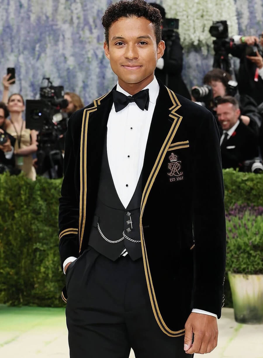 Harpoon Patrick Schwarzenegger Inspired Black Suiting Fabric Leather Jacket - Met Gala 2026 Style