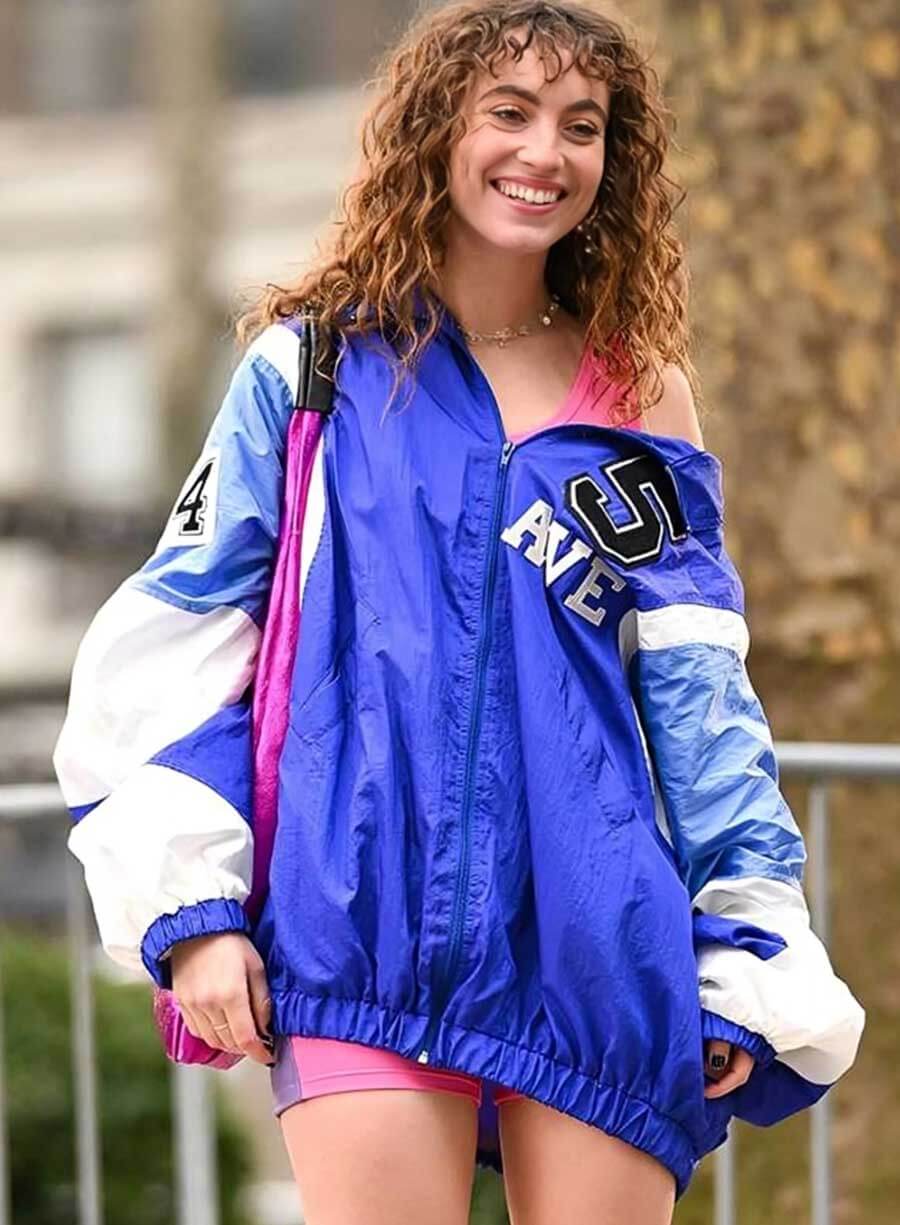 Harpoon Lisette Alee Inspired Blue Parachute Fabric Leather Jacket - And Just Like That S02 Style