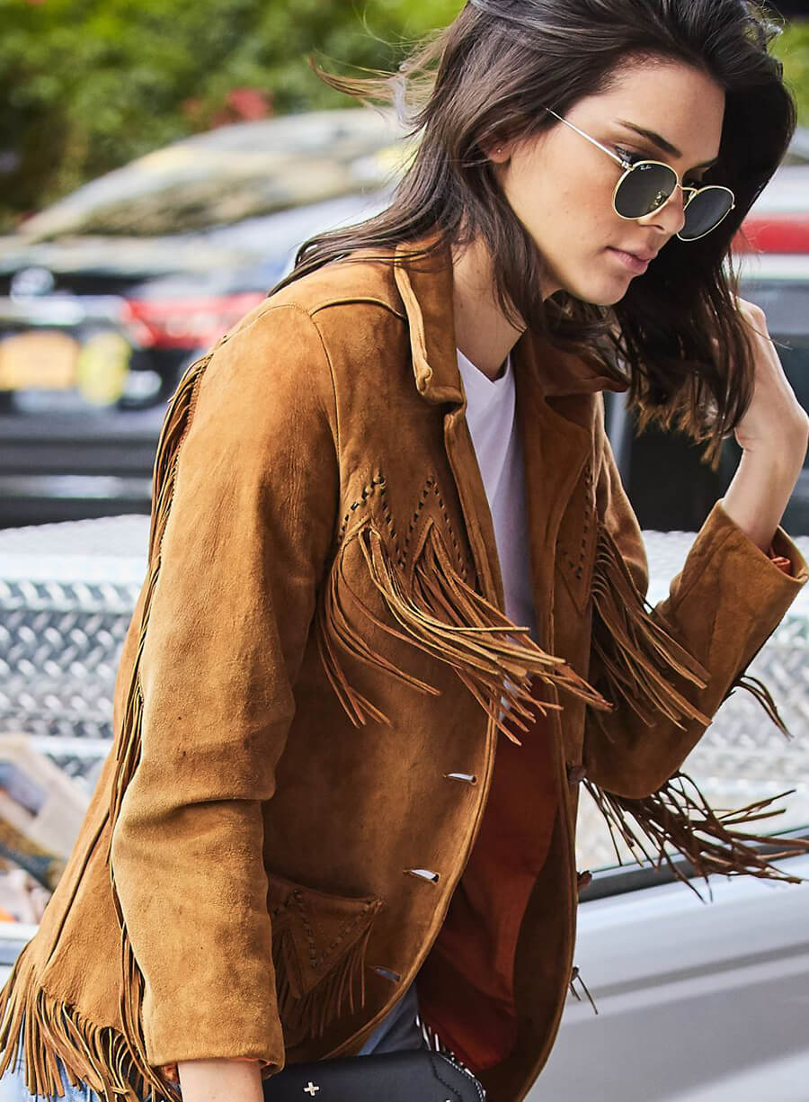 Harpoon Kendall Jenner Suede Fringe Inspired Brown Suede Leather Leather Jacket