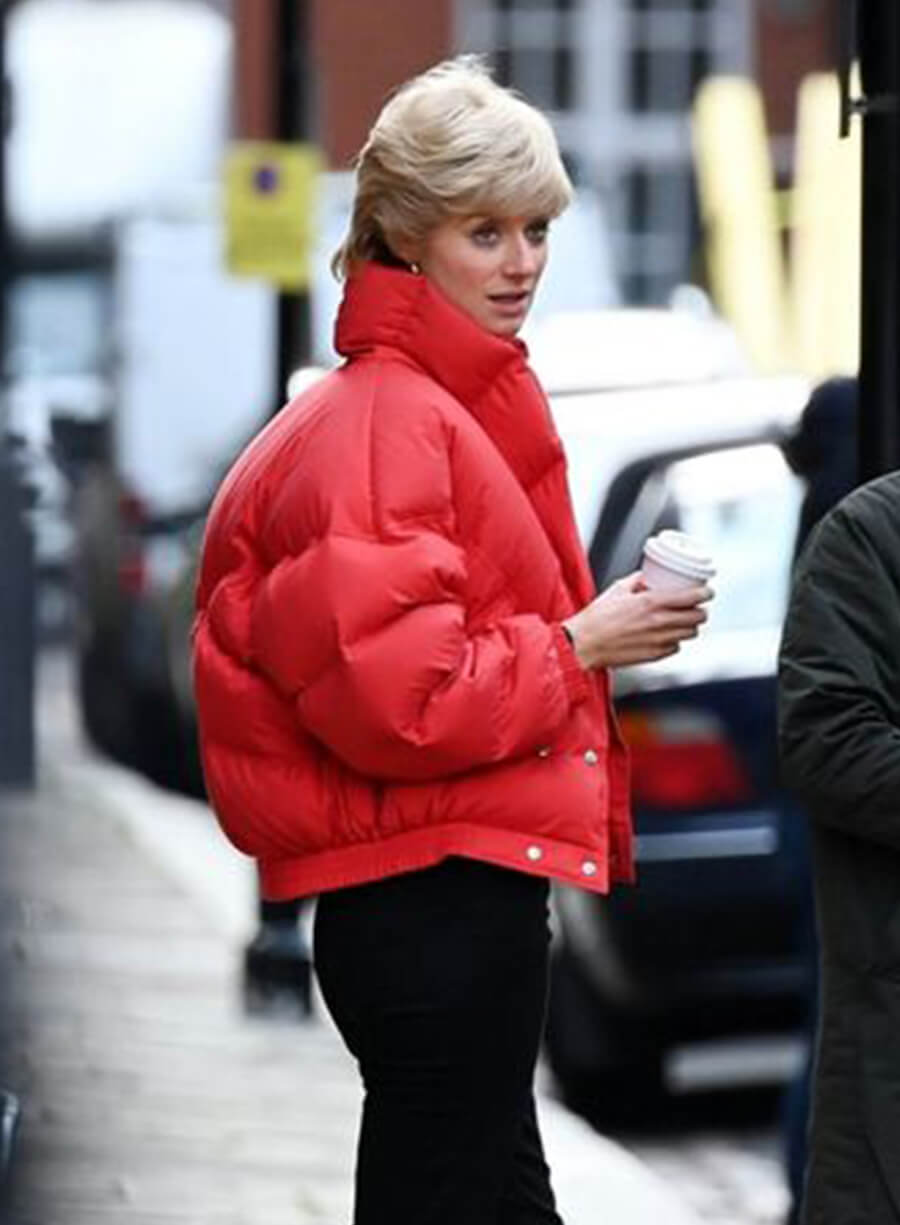 Harpoon Lady Diana Inspired Red Parachute Fabric Leather Jacket - The Crown Style