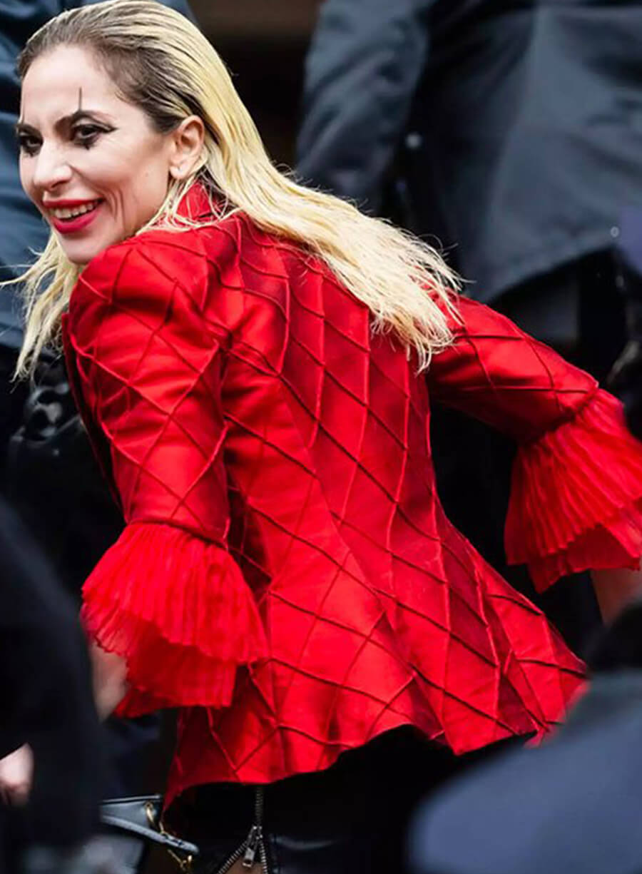 Harpoon Lee Quinzel Inspired Red Satin Leather Jacket - Joker: Folie � Deux Style