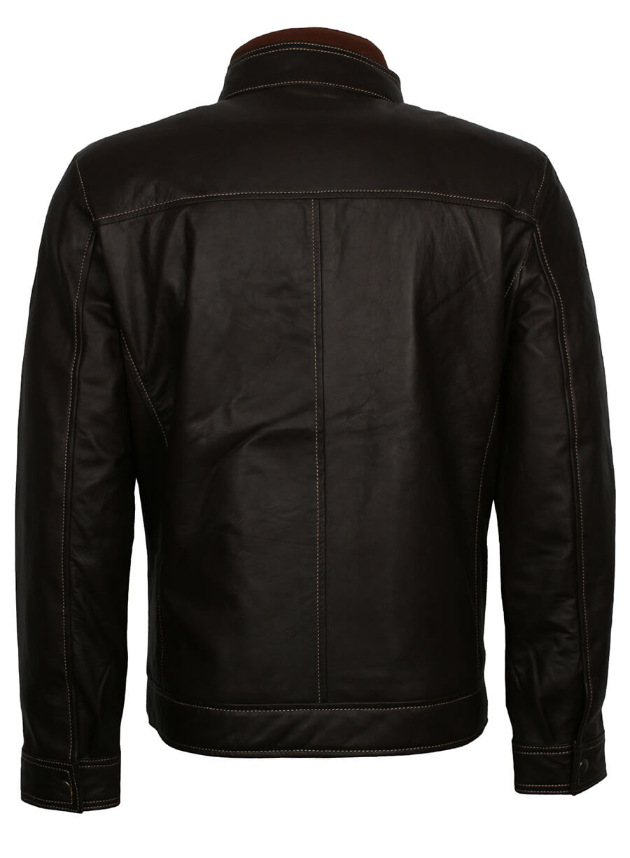 Harpoon Men's Erect Belted Collar Inspired Black Genuine Leather Leather Jacket