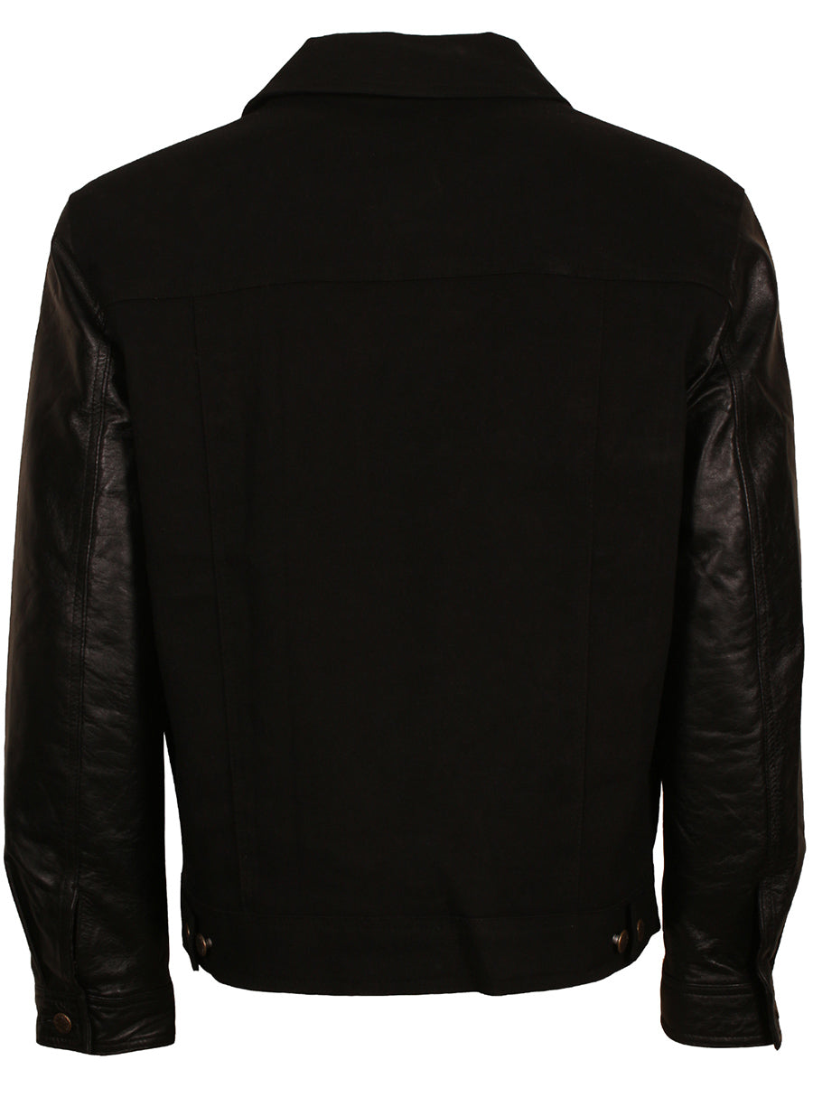 Harpoon Men's Inspired Black Denim with Leather Sleeves Varsity Jacket