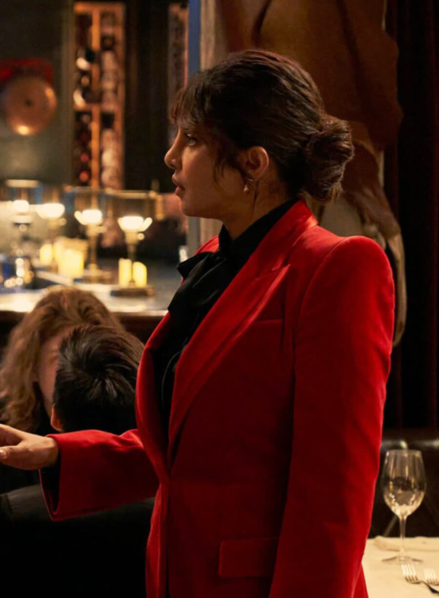 Harpoon Nadia Sinh Inspired Red Velvet Fabric Leather Jacket - Citadel 2023 Style