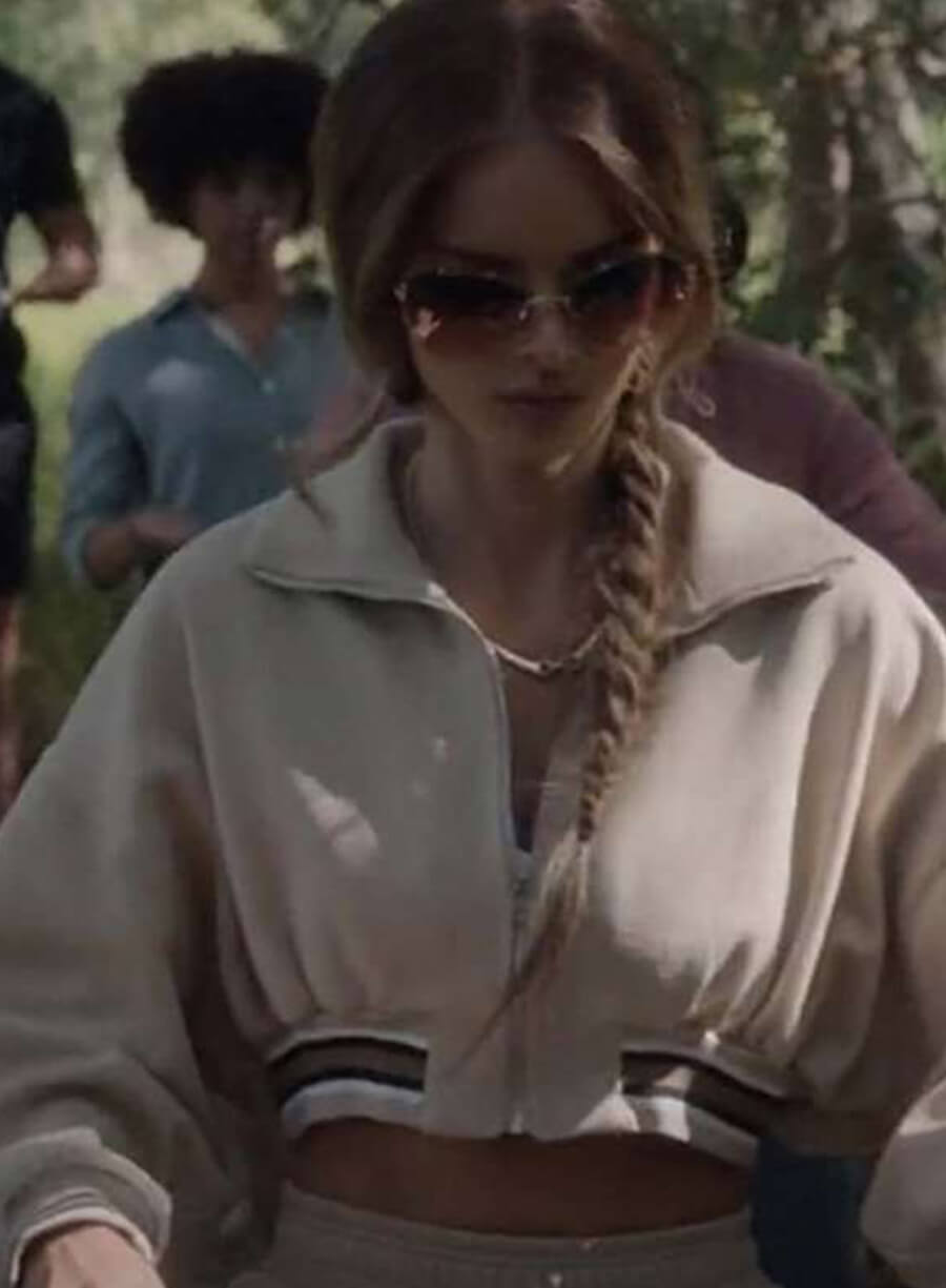 Harpoon Samara Weaving Inspired Beige Fabric Leather Jacket - Nine Perfect Strangers Style