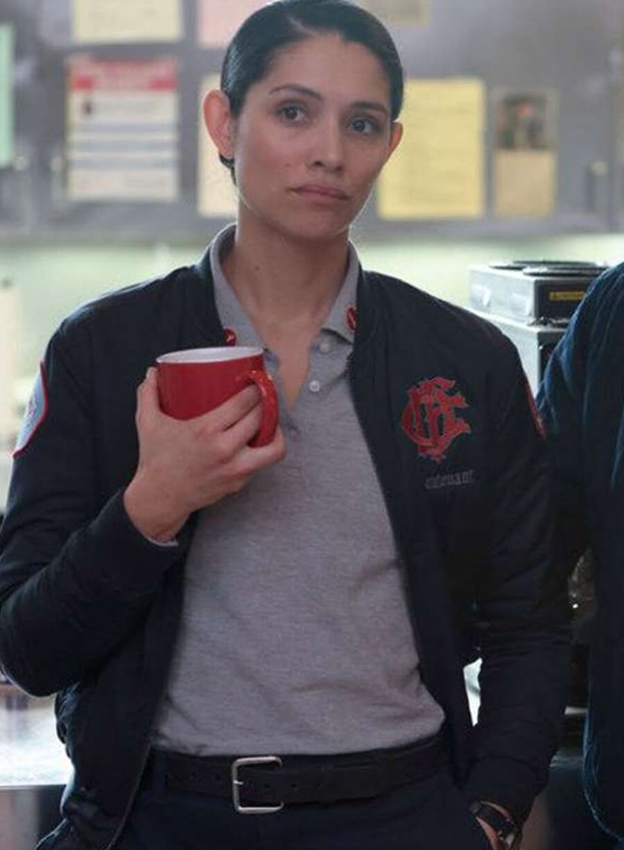 Harpoon Stella Kidd Chicago Fire S12 Inspired Blue Satin Fabric Leather Jacket - Miranda Rae Mayo Style