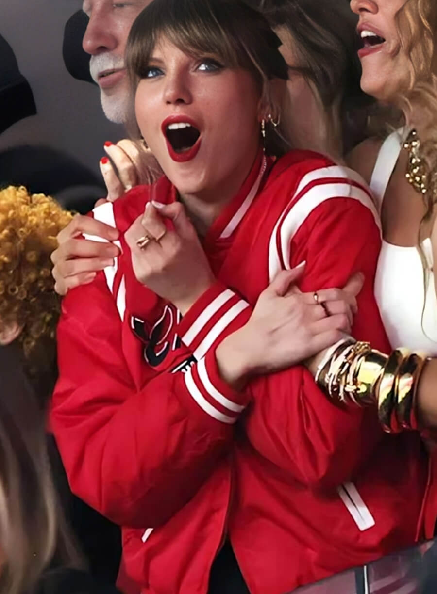 Harpoon Taylor Swift Inspired Red Fleece Fabric Leather Jacket - Super Bowl 2025 Style
