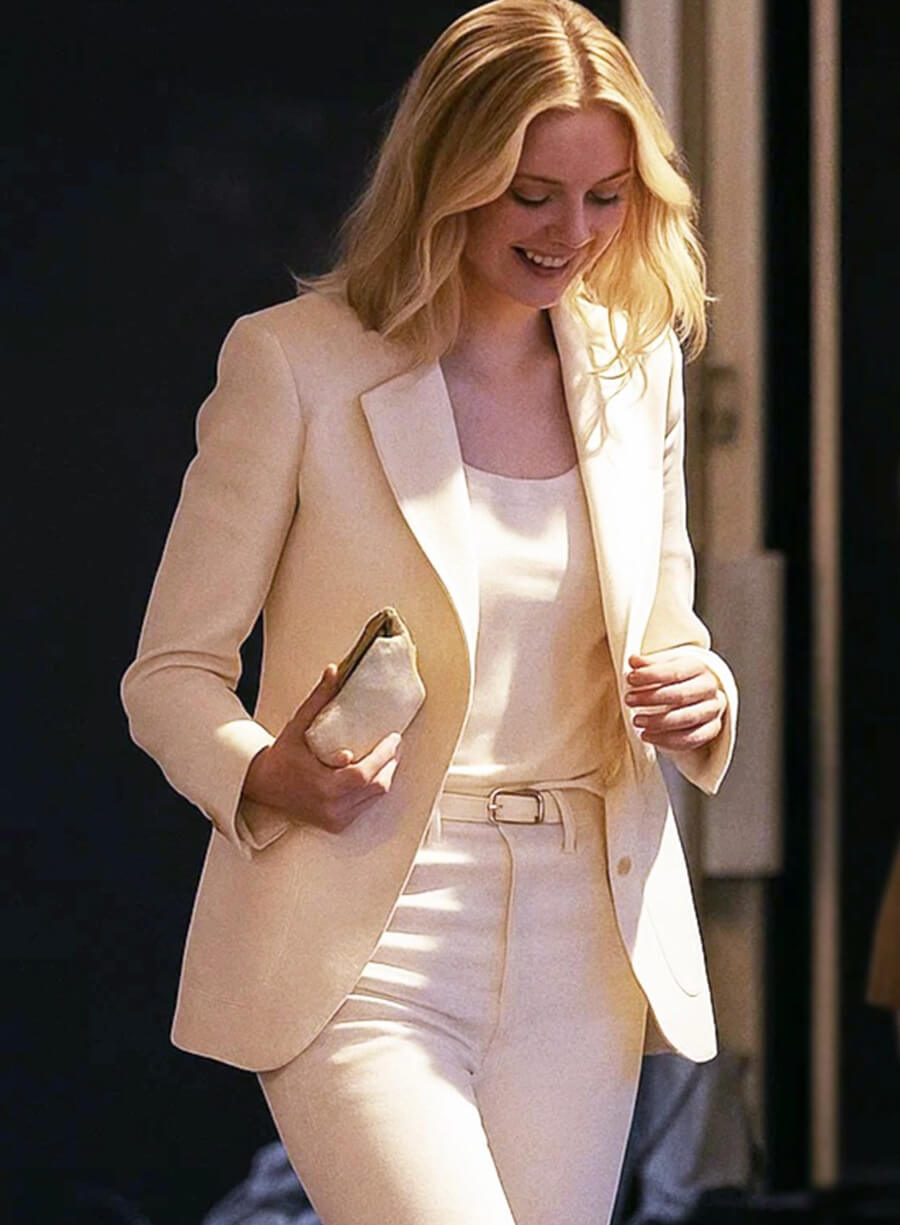 Harpoon Elizabeth Debicki Inspired White Suiting Fabric Leather Jacket - The Adventures of Cliff Booth Style