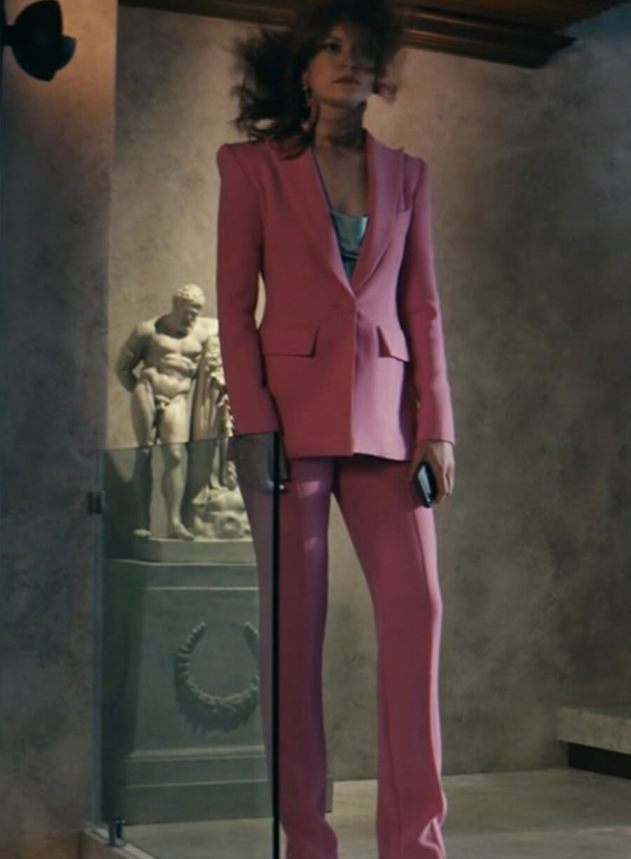 Harpoon Ashley Barrett Inspired Pink Suiting Fabric Leather Jacket
