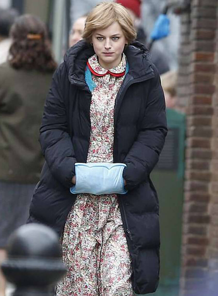 Harpoon The Crown S04 Emma Corrin Puffer Inspired Black Parachute Fabric Coat