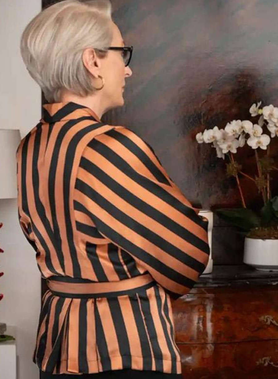 Harpoon Miranda Priestly Inspired Orange and Black Silk Fabric Leather Jacket - The Devil Wears Prada 2 Style