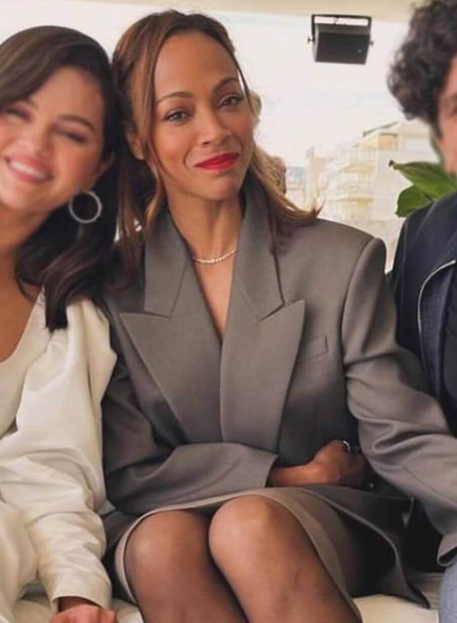 Harpoon Zoe Saldana Inspired Black Plain Fabric Leather Jacket - Emilia P�rez 2024 Premiere Style