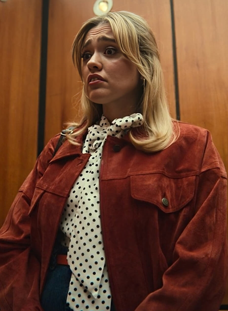 Harpoon Aimee Lou Wood Sex Education S04 Suede Inspired Maroon Suede Leather Leather Jacket