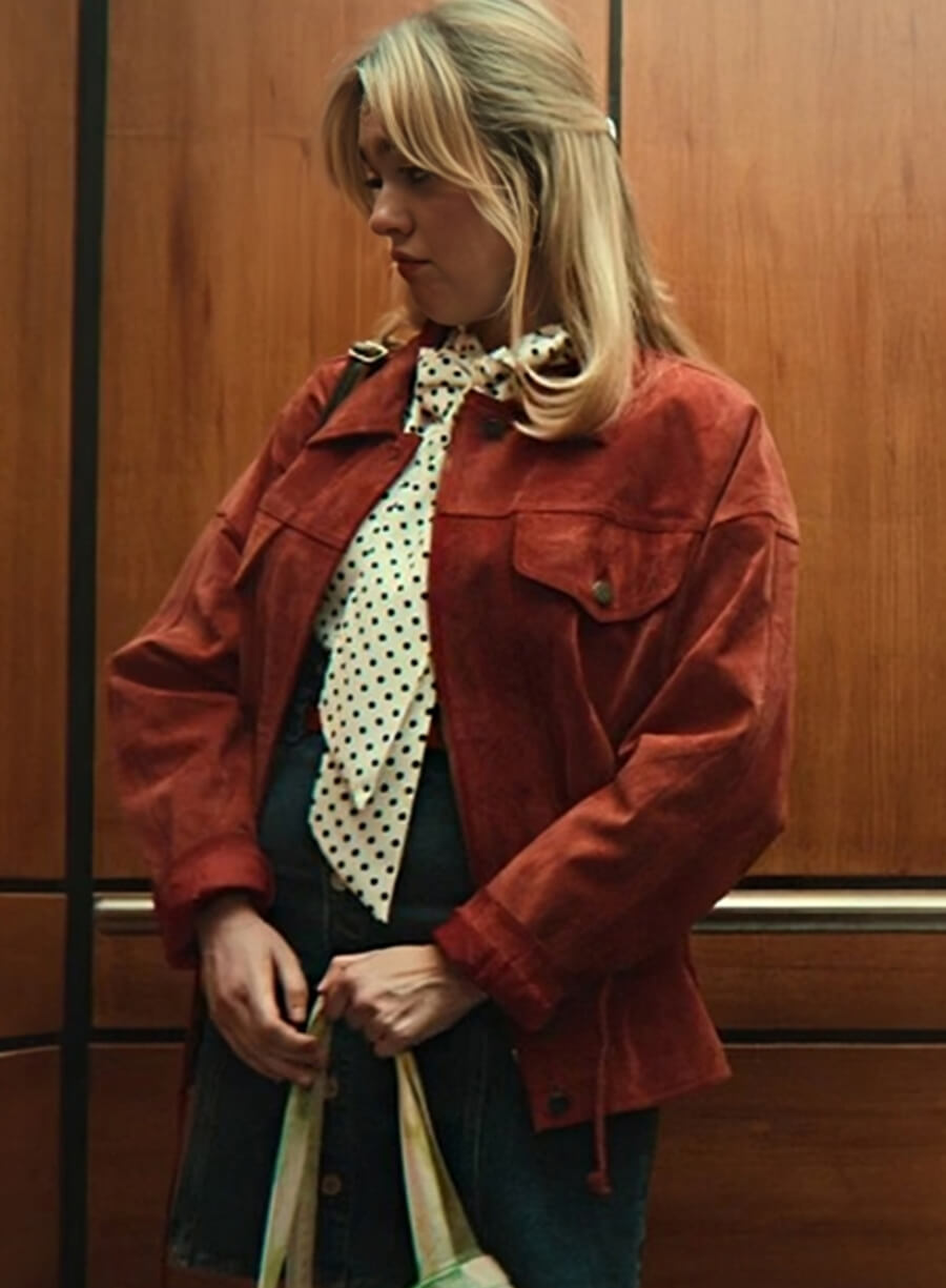 Harpoon Aimee Lou Wood Sex Education S04 Suede Inspired Maroon Suede Leather Leather Jacket