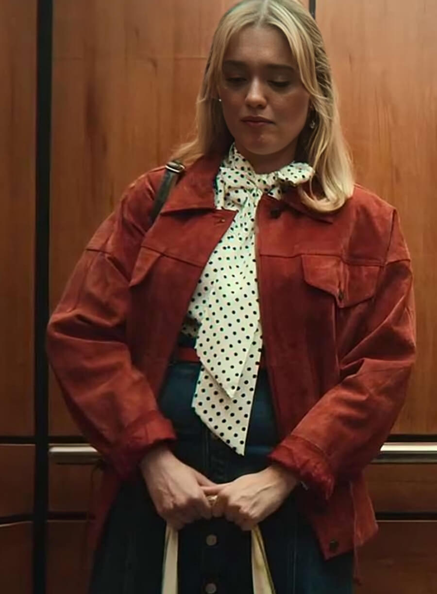 Harpoon Aimee Lou Wood Sex Education S04 Suede Inspired Maroon Suede Leather Leather Jacket