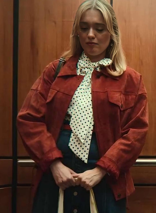 Harpoon Aimee Lou Wood Sex Education S04 Suede Inspired Maroon Suede Leather Leather Jacket