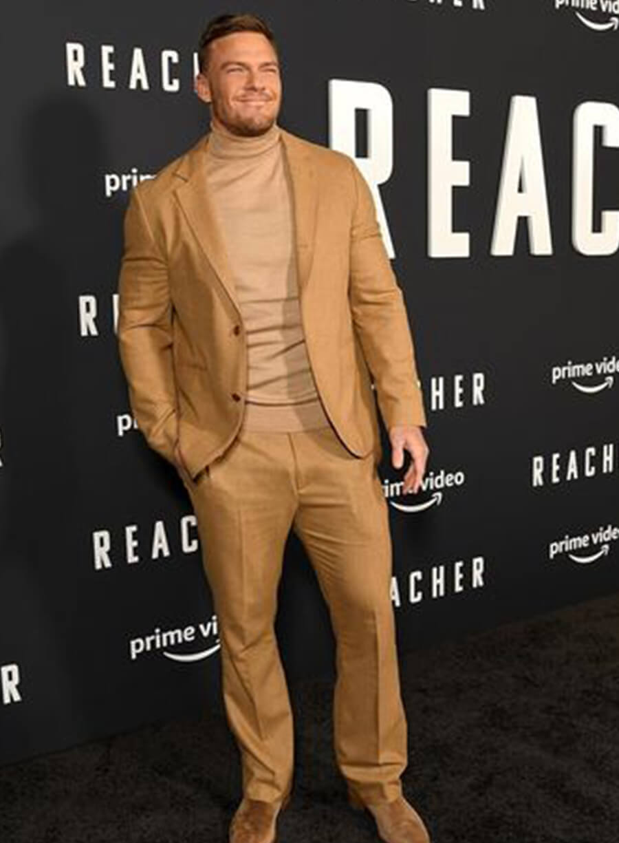 Harpoon Alan Ritchson Inspired Brown Suiting Fabric Leather Jacket - Reacher Style