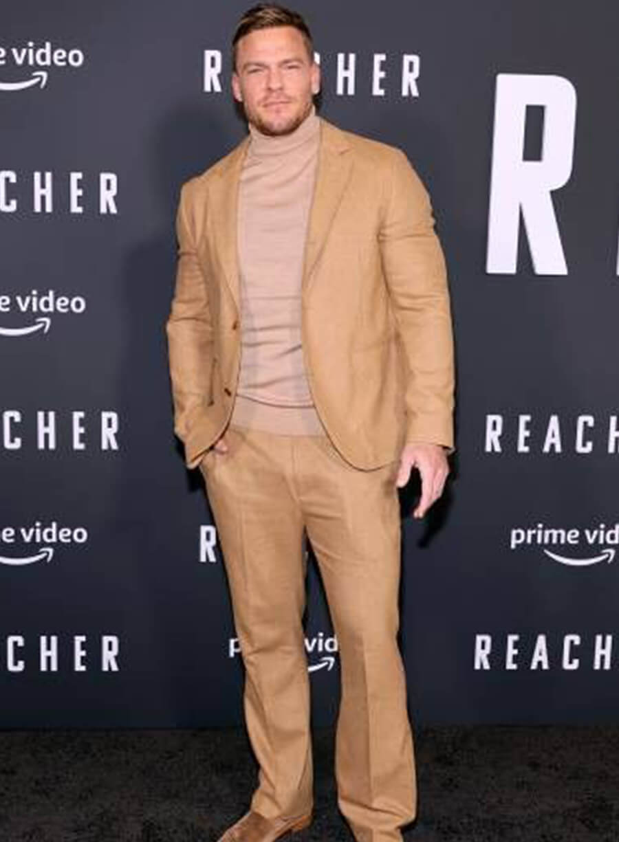 Harpoon Alan Ritchson Inspired Brown Suiting Fabric Leather Jacket - Reacher Style