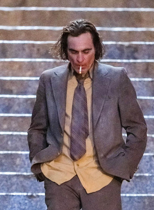 Harpoon Arthur Fleck Inspired Grey Suiting Fabric Leather Jacket - Joker: Folie à Deux Style