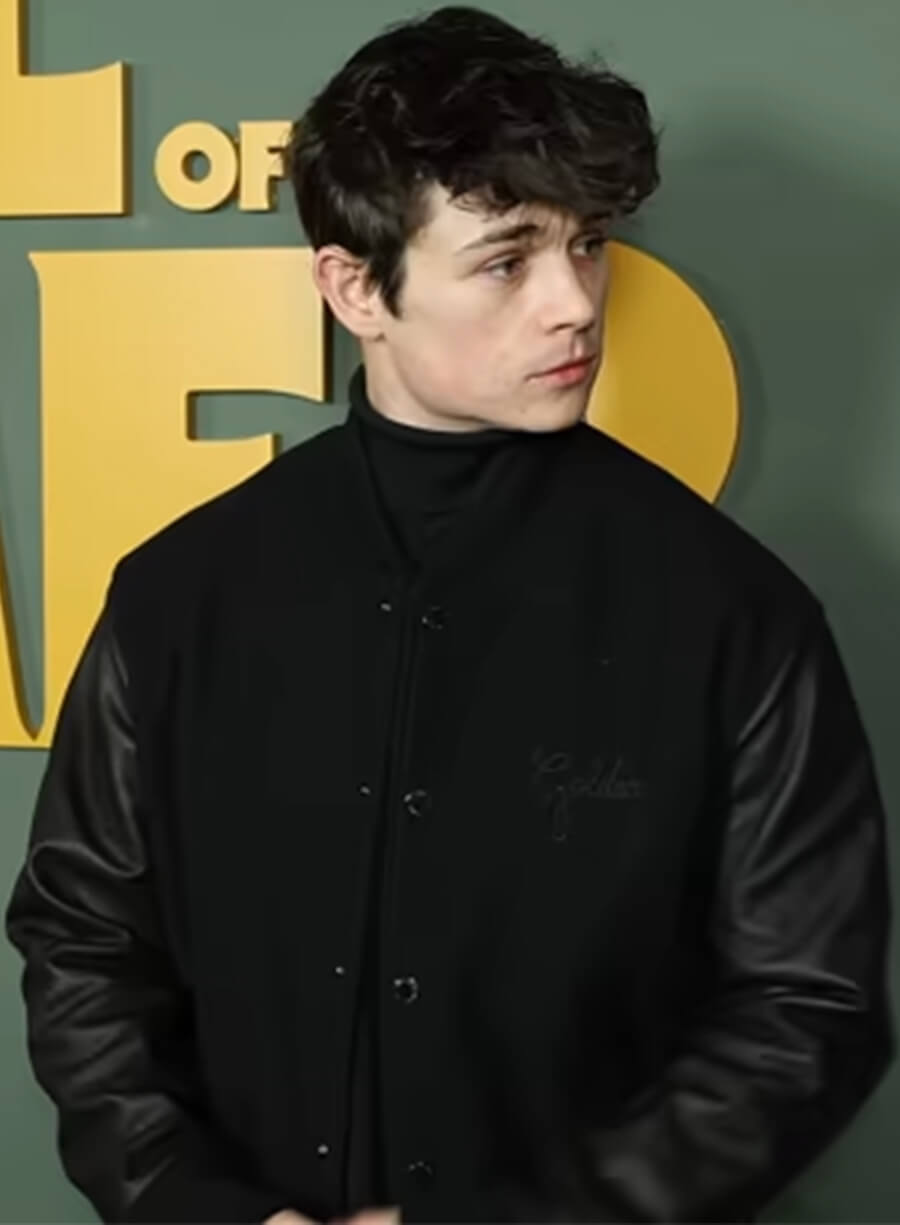 Harpoon Ashby Gentry Inspired Black Wool with Leather Sleeves Bomber Jacket - My Life with the Walter Boys Premiere Style