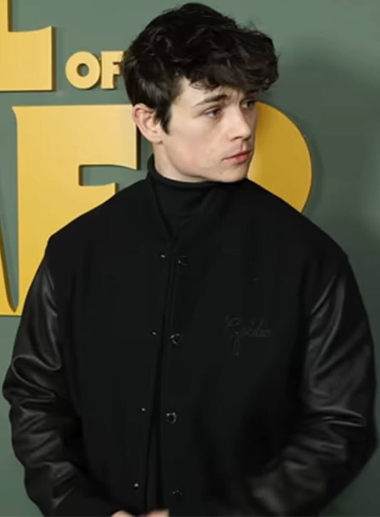 Harpoon Ashby Gentry Inspired Black Wool with Leather Sleeves Bomber Jacket - My Life with the Walter Boys Premiere Style