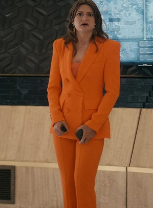 Harpoon Ashley Barrett Inspired Orange Suiting Fabric Leather Jacket