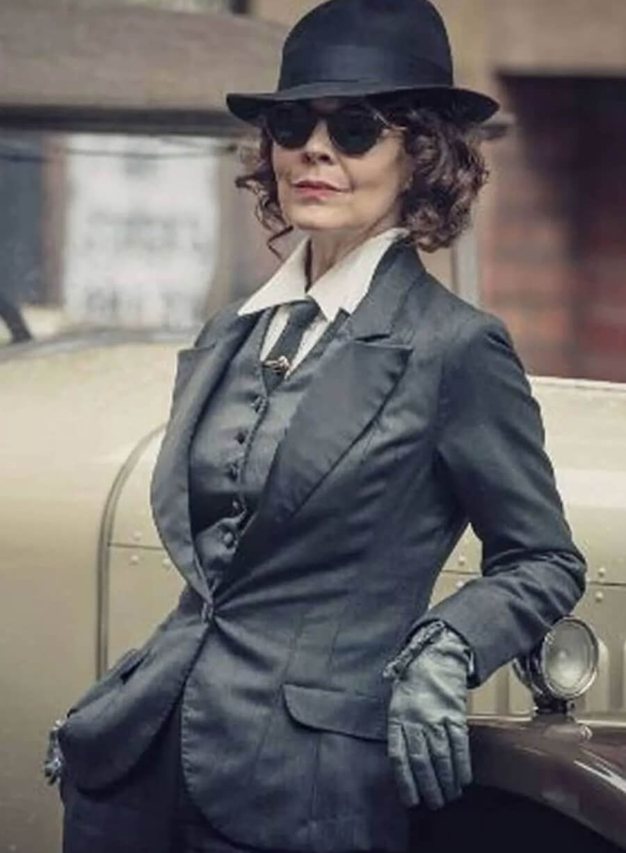 Harpoon Aunt Polly Inspired Grey Suiting Fabric Leather Jacket - Peaky Blinders Style