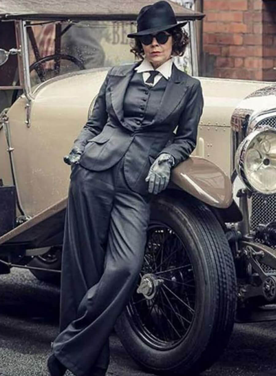 Harpoon Aunt Polly Inspired Grey Suiting Fabric Leather Jacket - Peaky Blinders Style