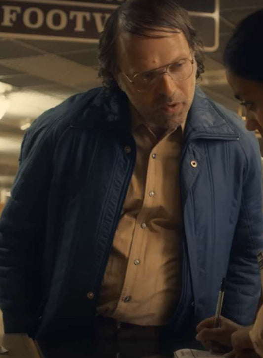 Harpoon Mirror S06 Michael Callow Inspired Blue Polyester Fabric Leather Jacket - Rory Kinnear Style