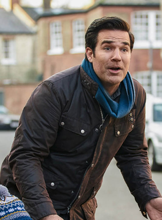 Harpoon Mirror S06 Rob Delaney Inspired Brown Polyester Fabric Leather Jacket