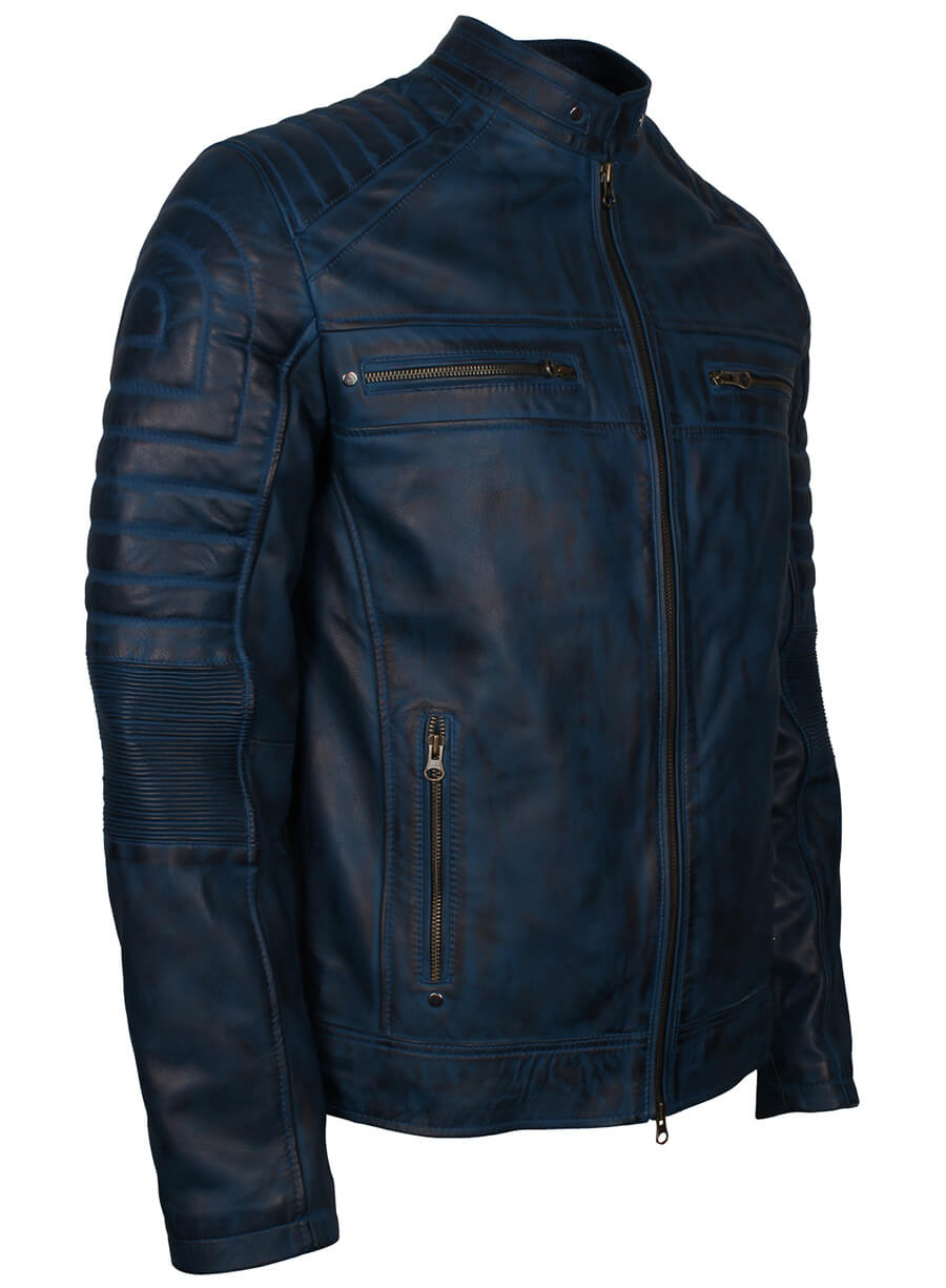 Harpoon Men Vintage Genuine Inspired Blue Cafe Racer Jacket
