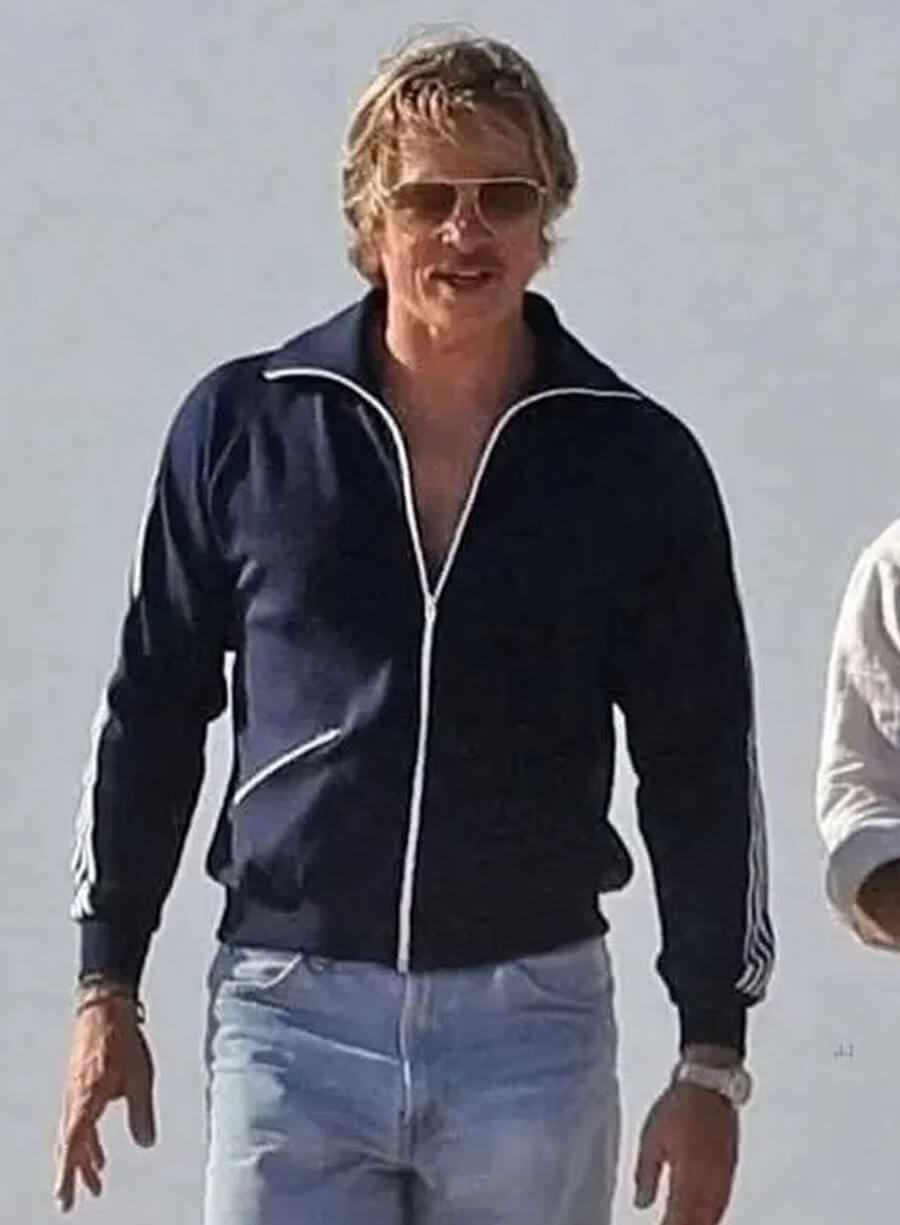Harpoon Cliff Booth Inspired Blue Fleece Fabric Leather Jacket - The Adventures of Cliff Booth Style