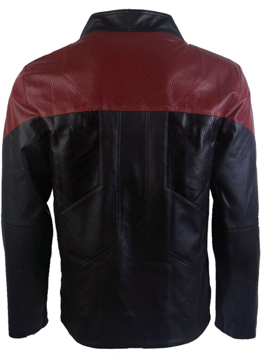 Harpoon Captain Riker Inspired Black with Maroon Perforated Shoulders Real Leather Leather Jacket - Star Trek Season 3 Style