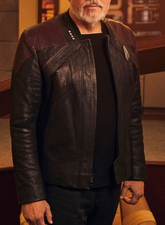 Harpoon Captain Riker Inspired Black with Maroon Perforated Shoulders Real Leather Leather Jacket - Star Trek Season 3 Style