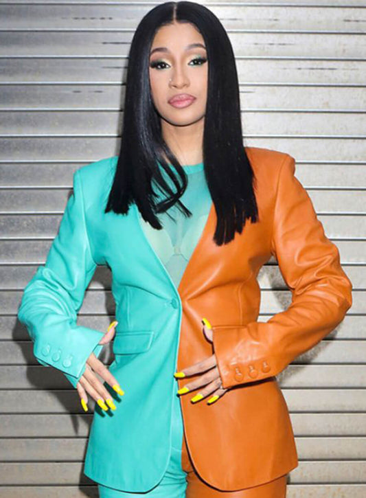 Harpoon Cardi B Two Tone Blazer Inspired Blue & Brown Leather Jacket