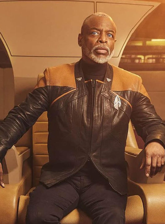 Harpoon Commodore Geordi La Forge Inspired Tan Black Leather Jacket - Star Trek Picard Season 3 Style