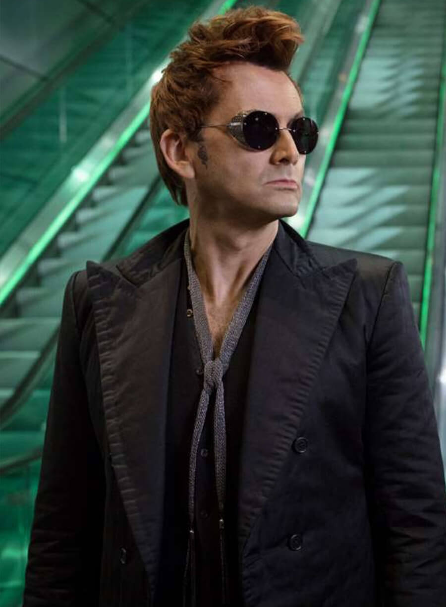 Harpoon Crowley Inspired Black Polyester Fabric Leather Jacket - Good Omens Style