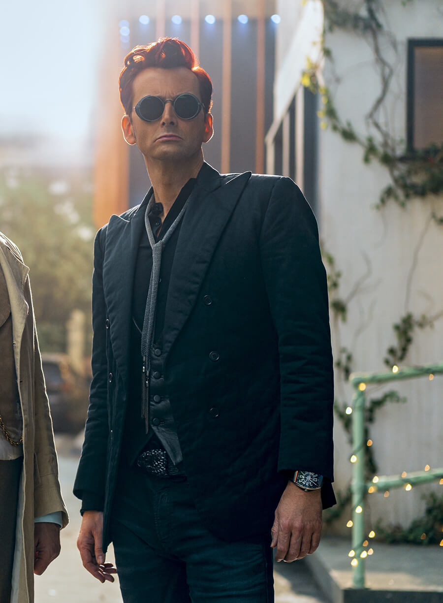 Harpoon Crowley Inspired Black Polyester Fabric Leather Jacket - Good Omens Style