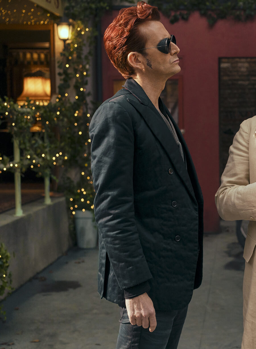 Harpoon Crowley Inspired Black Polyester Fabric Leather Jacket - Good Omens Style