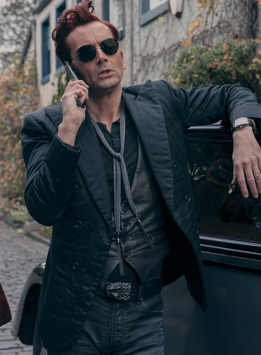 Harpoon Crowley Inspired Black Polyester Fabric Leather Jacket - Good Omens Style